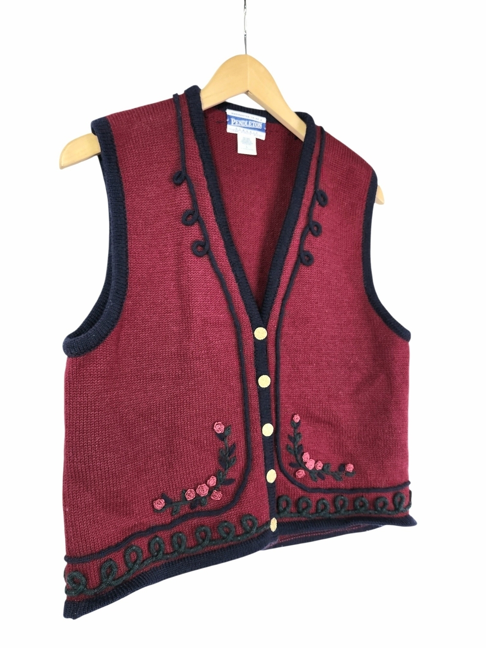 Vintage Pendleton Virgin Wool Vest L Red Embroidered Floral Cottage Folk Granny - Picture 2 of 12